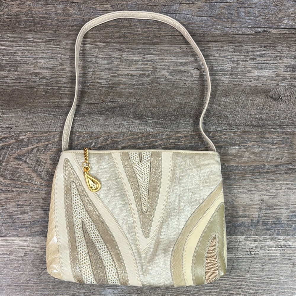 Vintage Sharif Leather Patchwork Elegant Cream and Gold Women's Bag